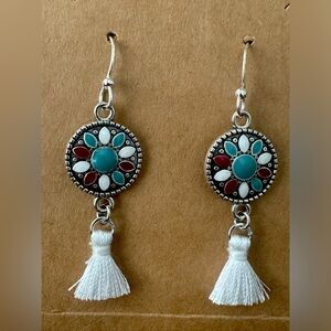 Handmade Earrings with Silver Tone Charms and White Tassels